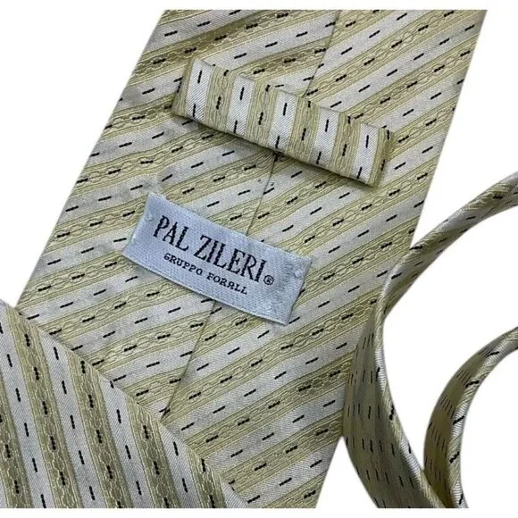 PAL ZILERI Men's 100% Silk Necktie LUXURY Tie Beige Gold Striped W:3.7" EUC
